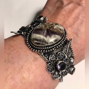 Sage Amethyst Stamped 925 Sterling Silver Cuff Bracelet